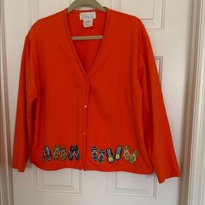 Mandal Bay Vibrant Orange V-Neck Sweater with Flip-Flop Design SZ XL